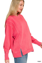 Ruby crew neck sweatshirt, side view with dropped shoulder and ribbed hem