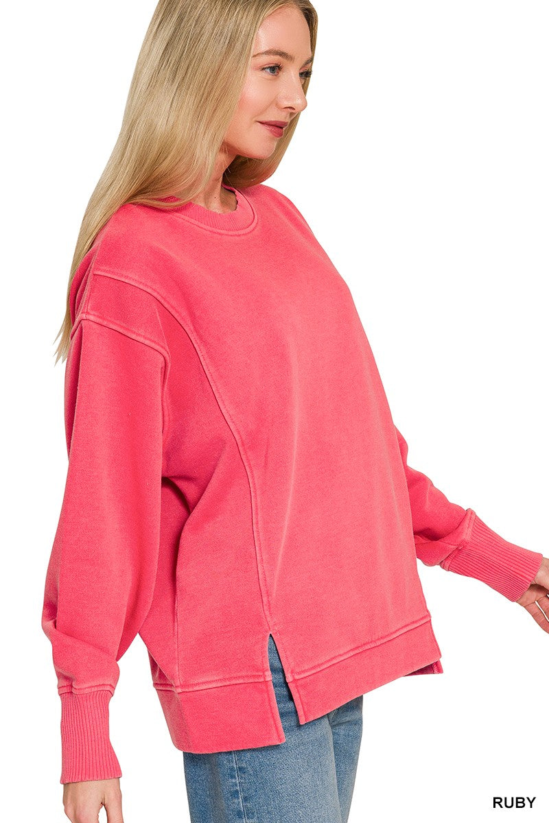 Ruby crew neck sweatshirt, side view with dropped shoulder and ribbed hem