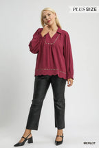 Linen Scallop Hem Blouse Contrast Trim Elegant Women’s Casual Plus Top