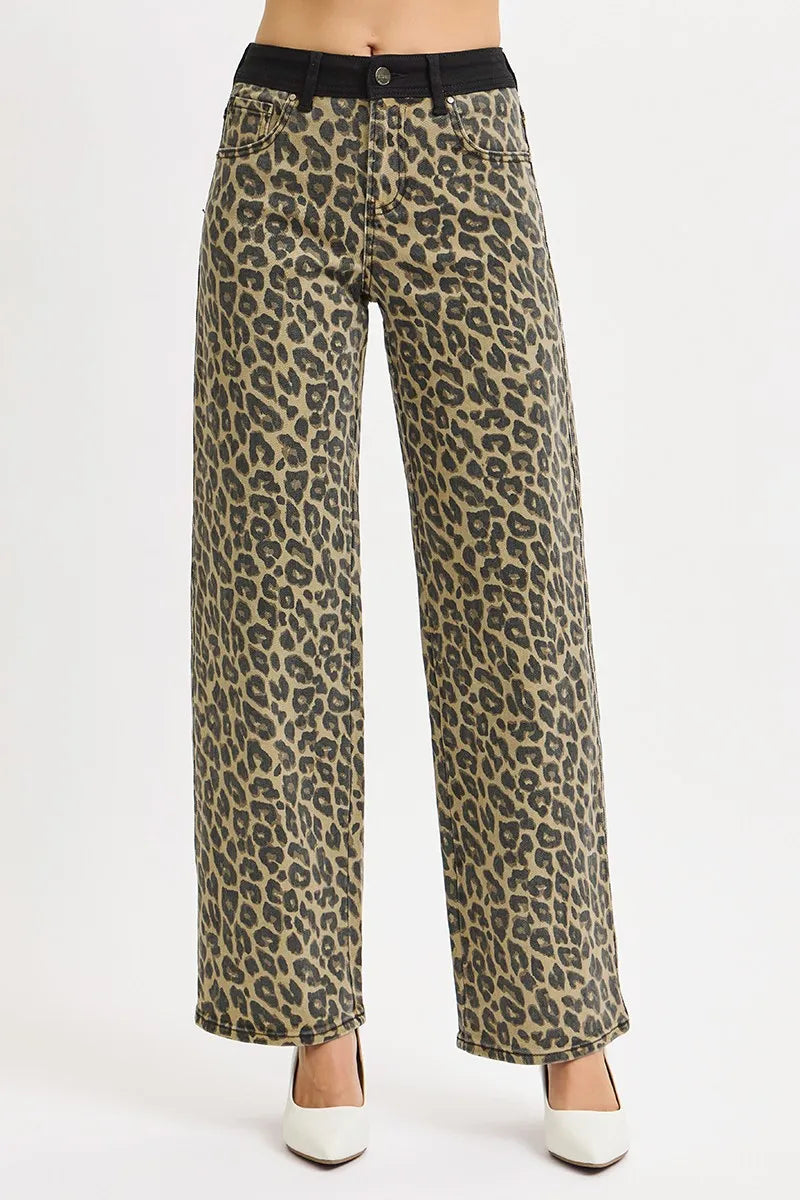 High Rise Wide Leg Leopard Print Jeans | Bold Contrast Waistband
