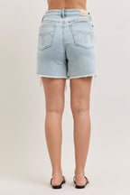 Light wash denim high-waisted shorts with two back patch pockets and frayed hem