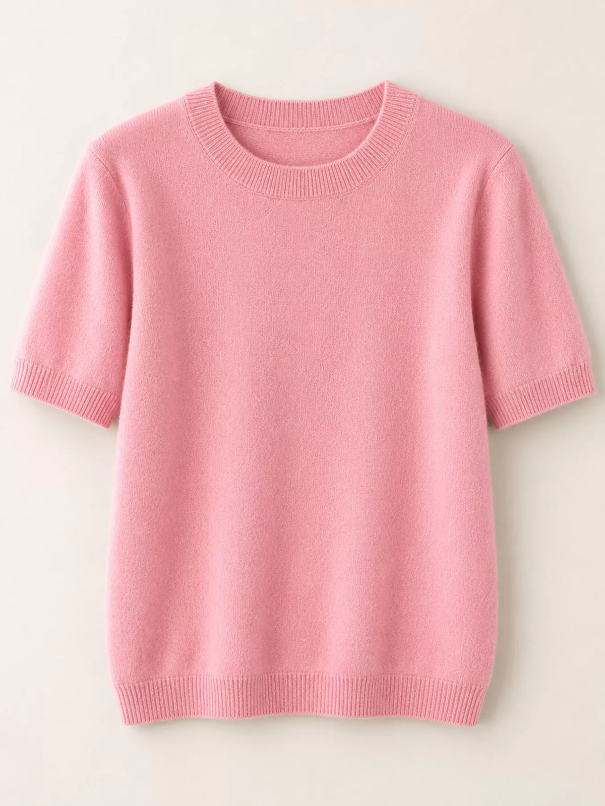 Pink round-neck short-sleeve sweater with ribbed hem and cuffs