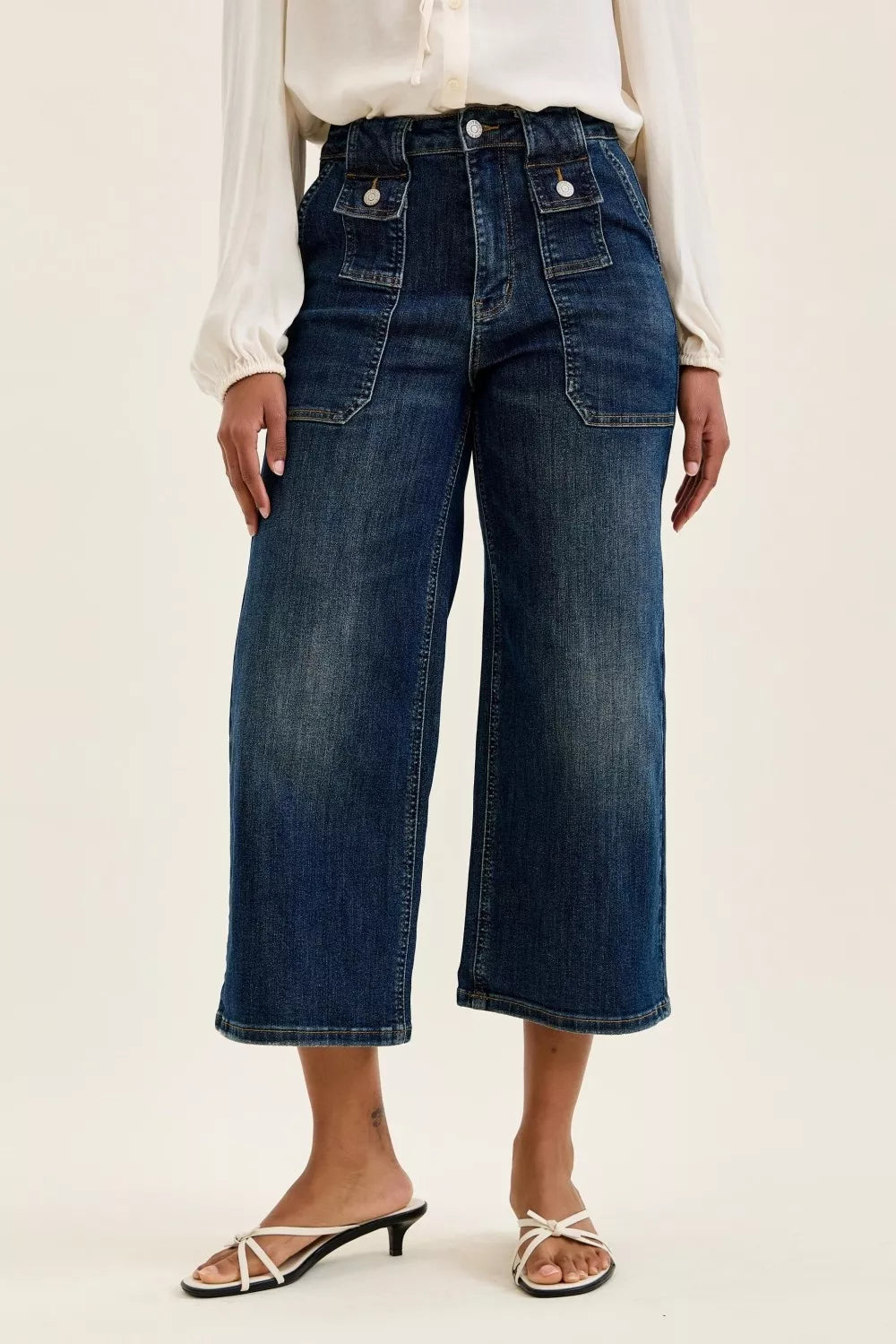 Women’s high-waist wide-crop utility jeans, dark blue denim, patch pocket detail