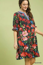 Floral tiered puff-sleeve dress, black with bold red and blue floral print