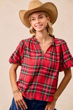 BiBi Christmas Plaid Ruffled Blouse – Festive Short Sleeve Holiday Top