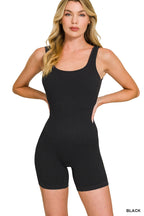 Black ribbed seamless sleeveless romper with scoop neck and fitted short legs
