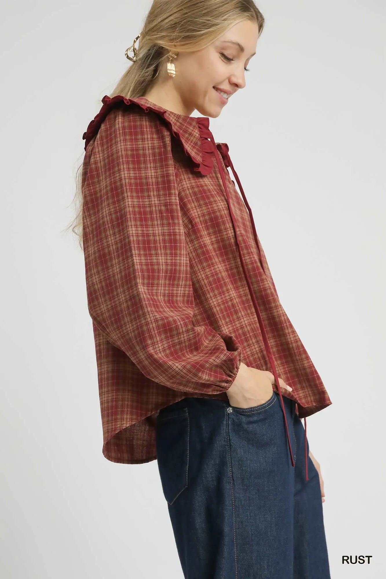Rust Plaid Ruffle Collar Plus Blouse Vintage Women’s Fall Winter Top