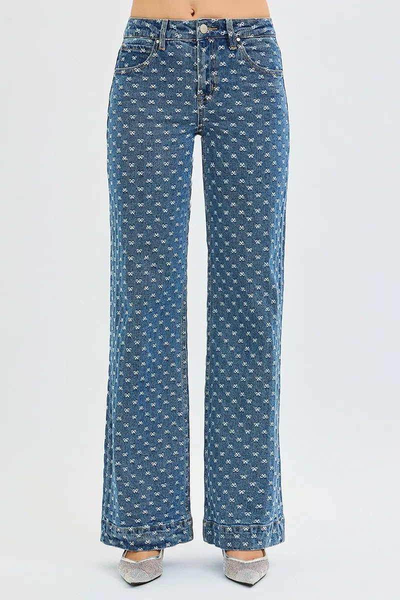 High Rise Wide Leg Bow Embroidered Jeans | Feminine Trendy Denim