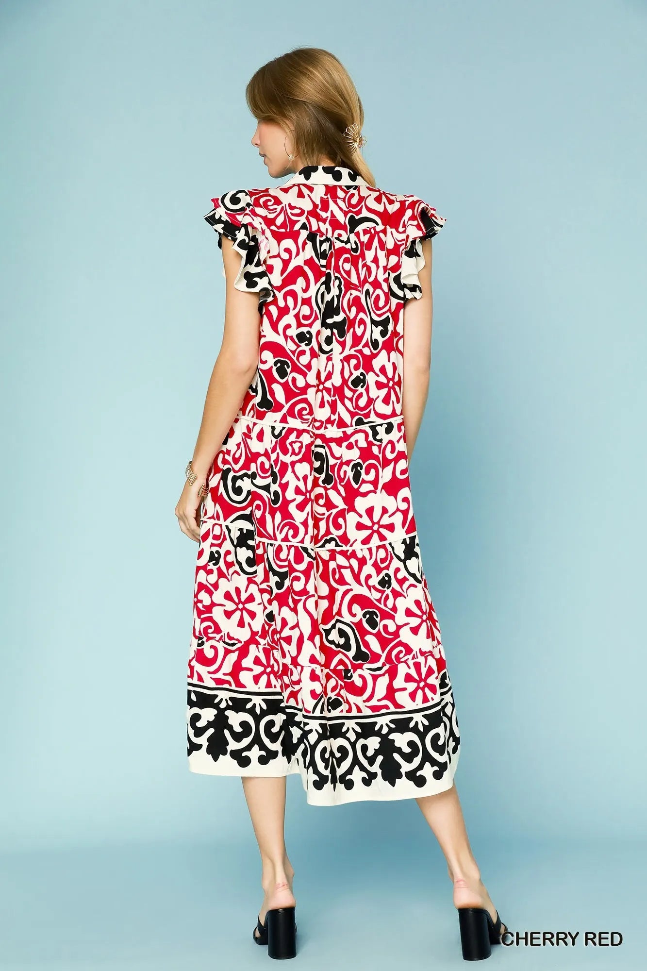 Boho Floral Midi Dress – V-Neck, Ruffle Cap Sleeves & Bold Print