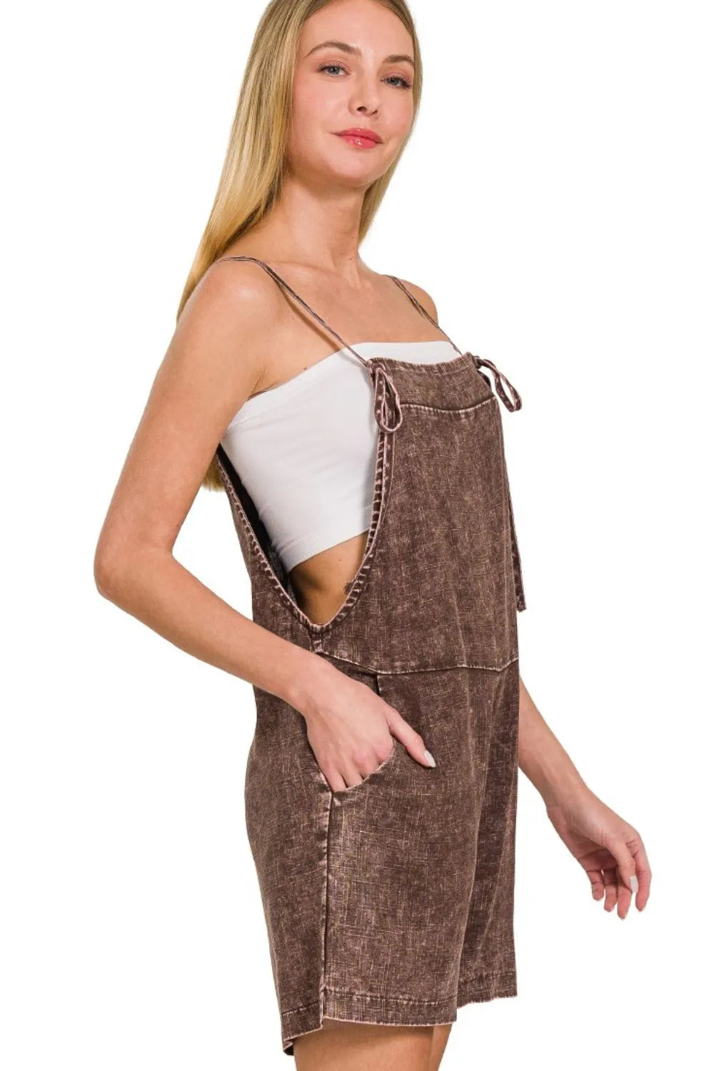 Brown Cotton Romper – Vintage Wash, Pockets & Adjustable Straps
