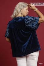 Navy Velvet Embroidered Sleeve Blouse Boho Chic Elegance