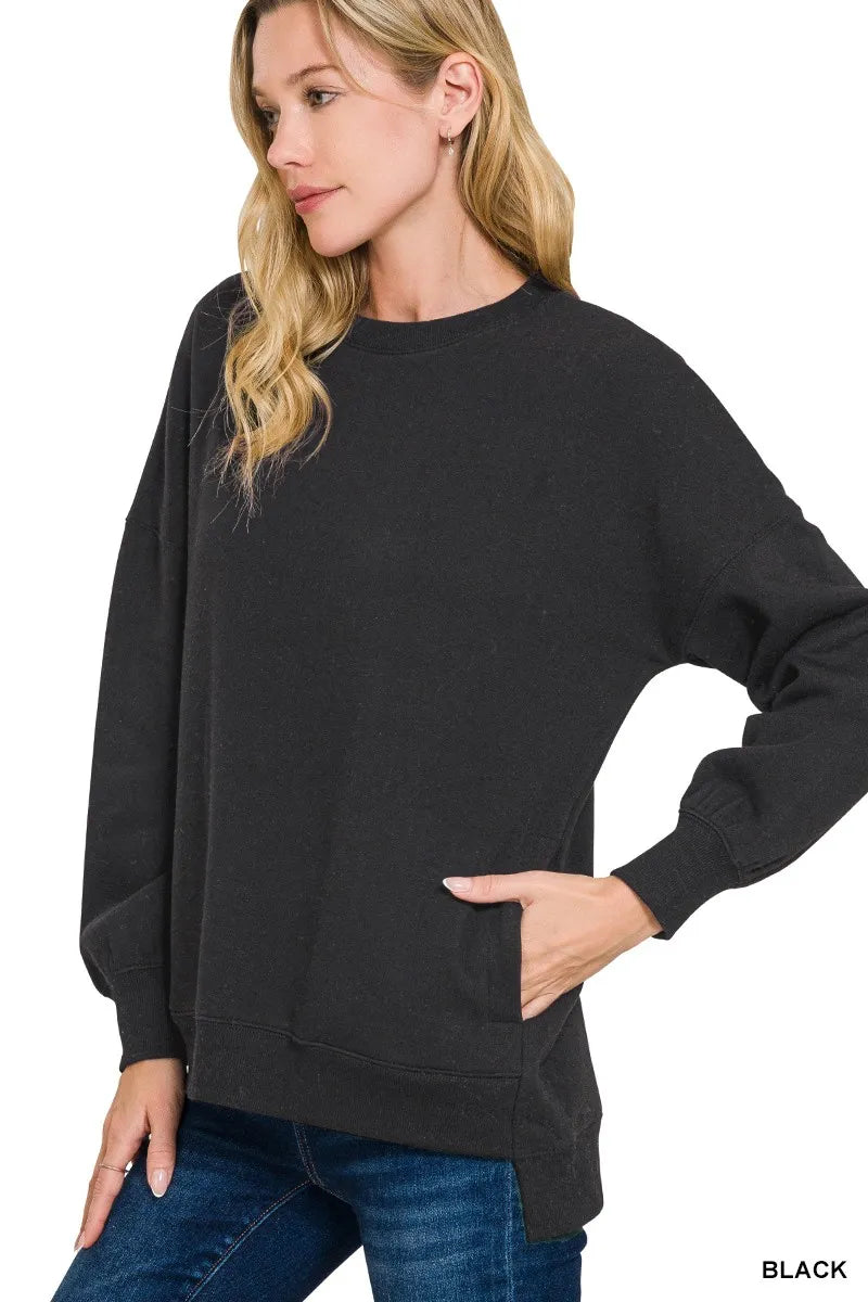 Zenana Fleece Hi-Low Boyfriend Sweatshirt with Pockets – Cozy & Chic