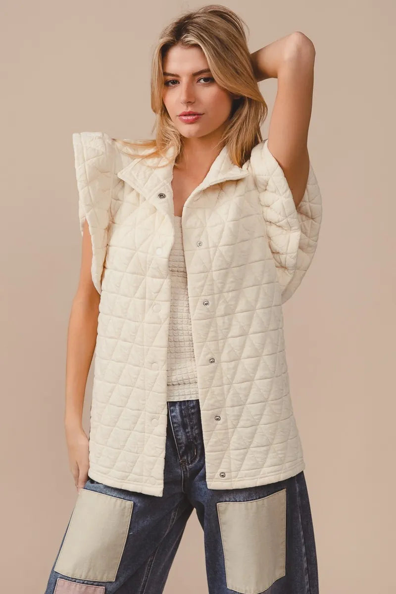 Cream Quilted Vest Coat – Diamond Pattern Button-Front Layering Piece