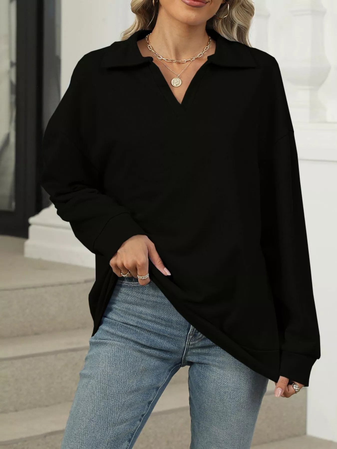 Johnny Collar Long Sleeve Sweatshirt – Casual Chic & Cozy