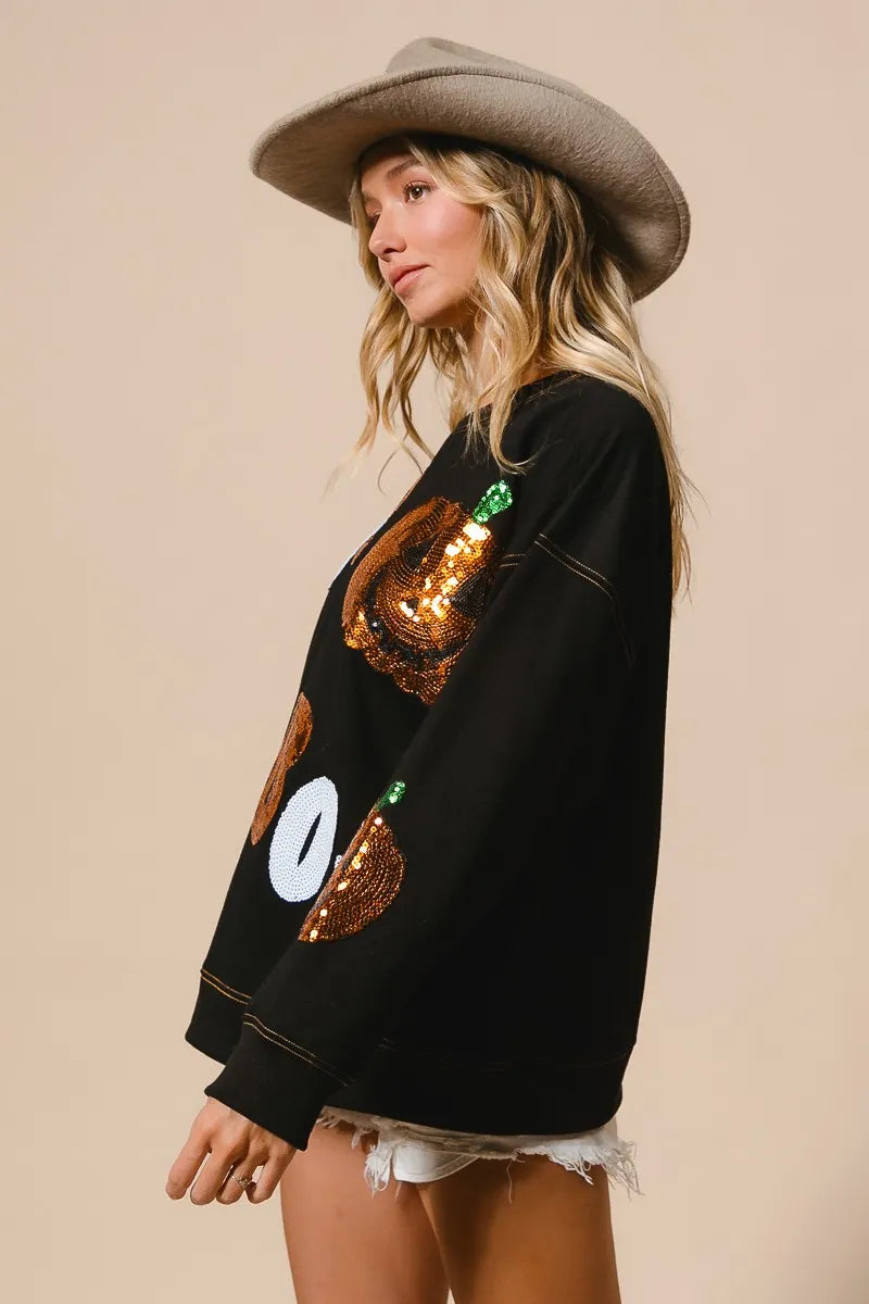 Halloween Sequin Pumpkin & Ghost Sweatshirt – Oversized Black Pullover