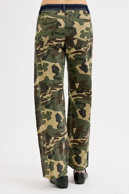 Dreamkue-Risen High Rise Camouflage Wide Leg Jeans Trendy Relaxed Fit Military Style Denim Pants