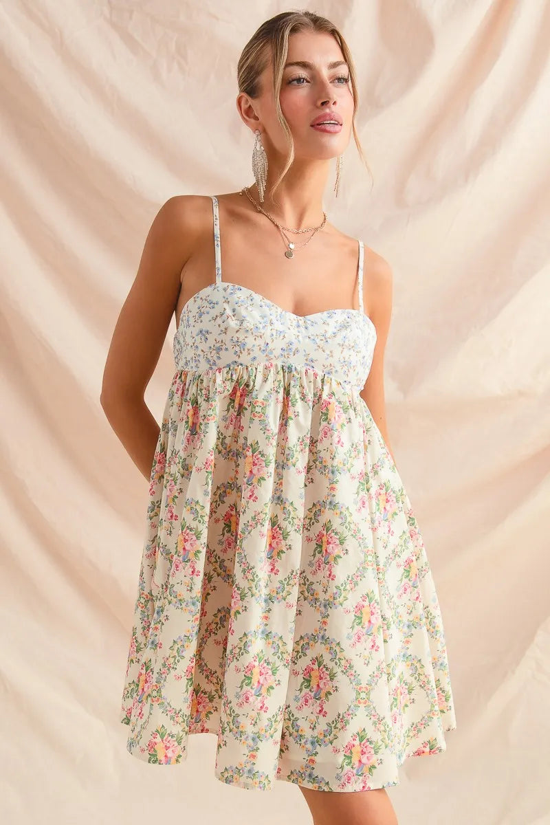 Romantic Floral Cami Dress with Lace Trim & Tiered Ruffle Skirt