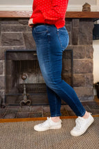 Washed thermal skinny jeans with high waist, dark blue denim, fitted ankle length