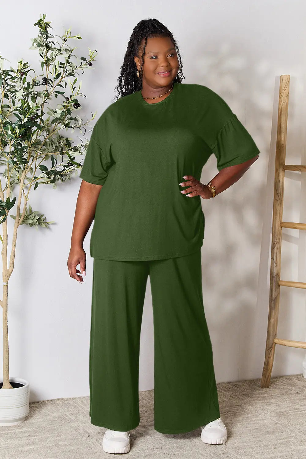 Chic Round Neck Slit Top & Pants Set – Stylish, Comfy & Versatile