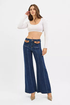 High-rise wide flare jeans with front leather pocket detail, blue denim, straight waistband