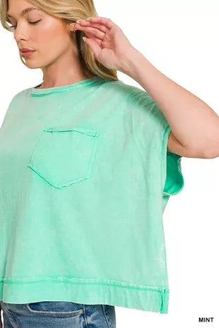 Mint acid-washed oversized pocket tee, side view, crew neck, short sleeves