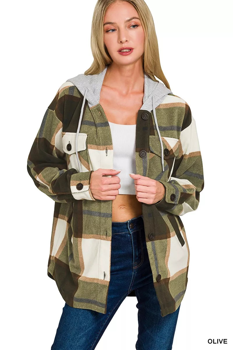 Women’s olive plaid fleece shacket, drawstring hood, flap chest pockets, button front.