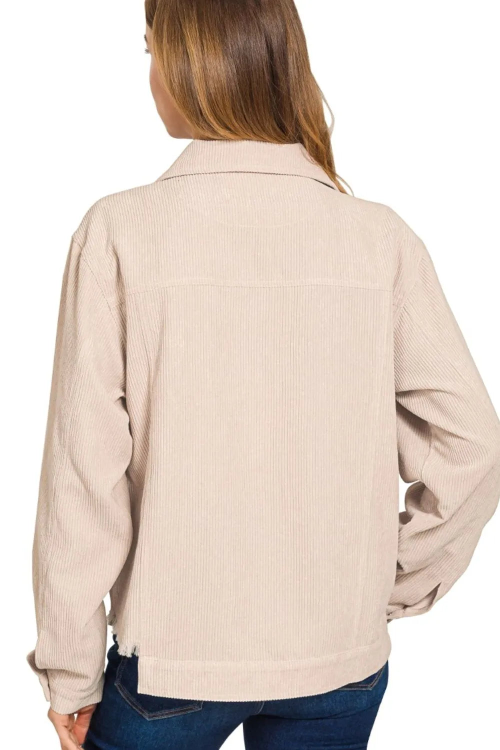 Beige Corduroy Cropped Jacket – Distressed Hem & Chest Pockets