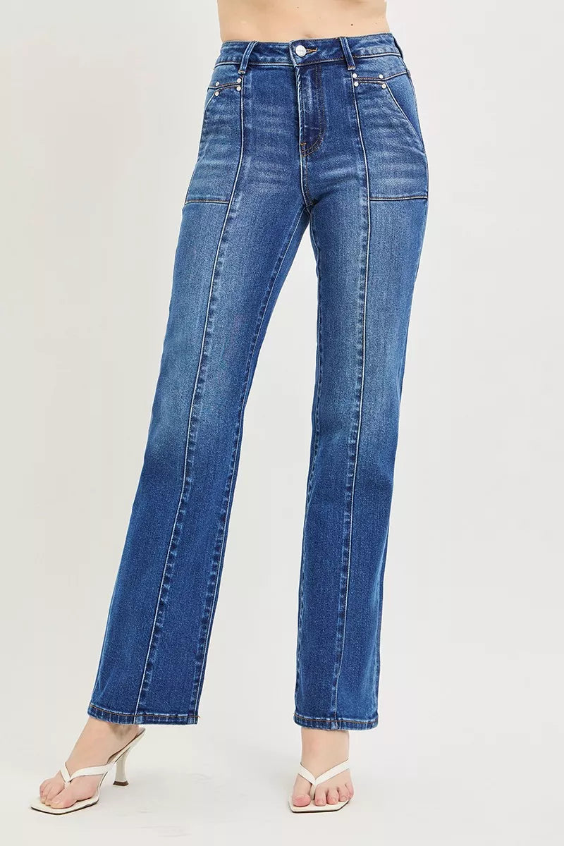 High-rise straight-leg jeans, dark blue denim with button fly and belt loops
