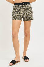 High-rise leopard-print shorts with black waistband and button closure, relaxed fit