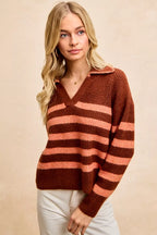 BiBi Striped Sweater Top – Trendy Collared Knit with Stitched Details