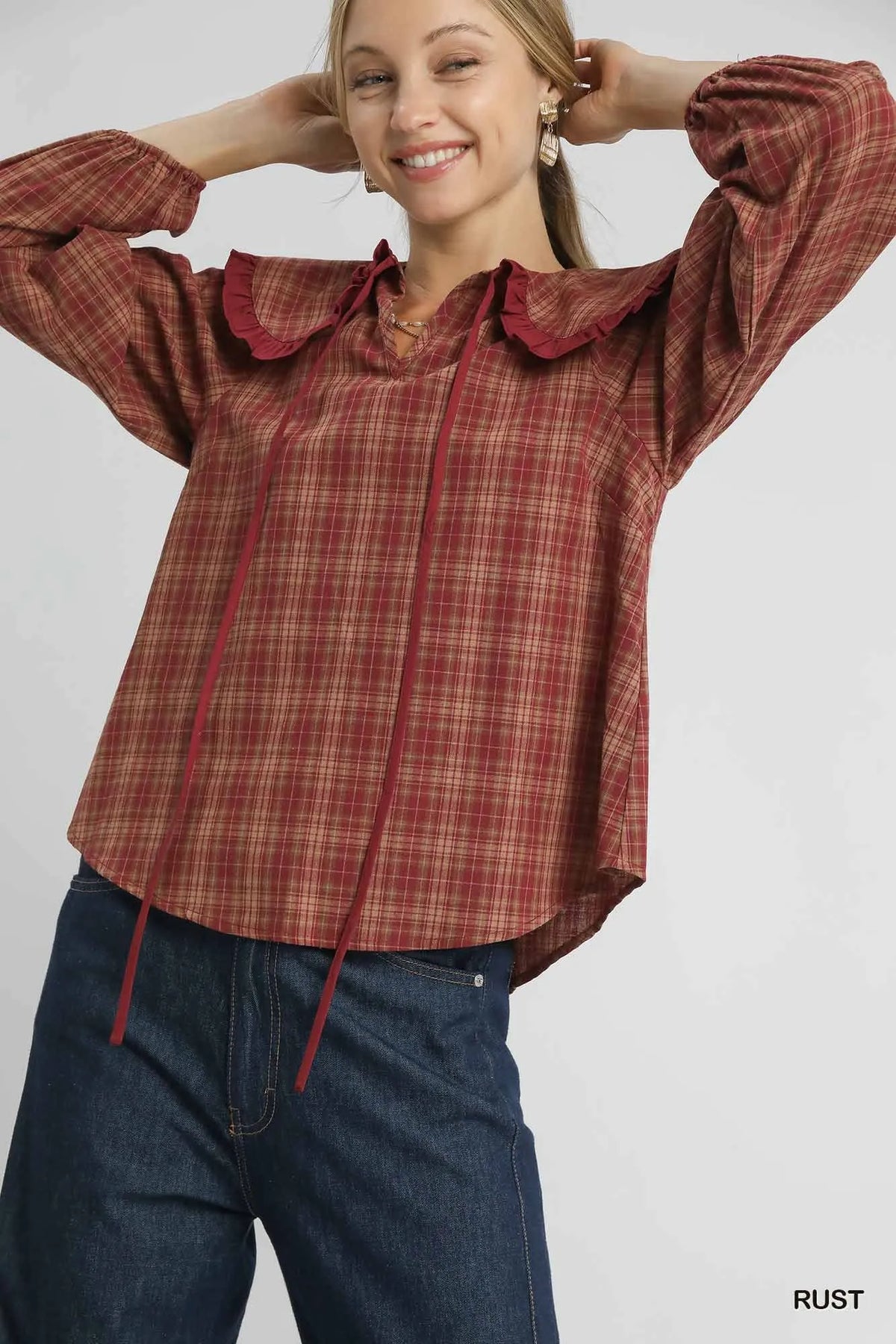 Rust Plaid Ruffle Collar Plus Blouse Vintage Women’s Fall Winter Top