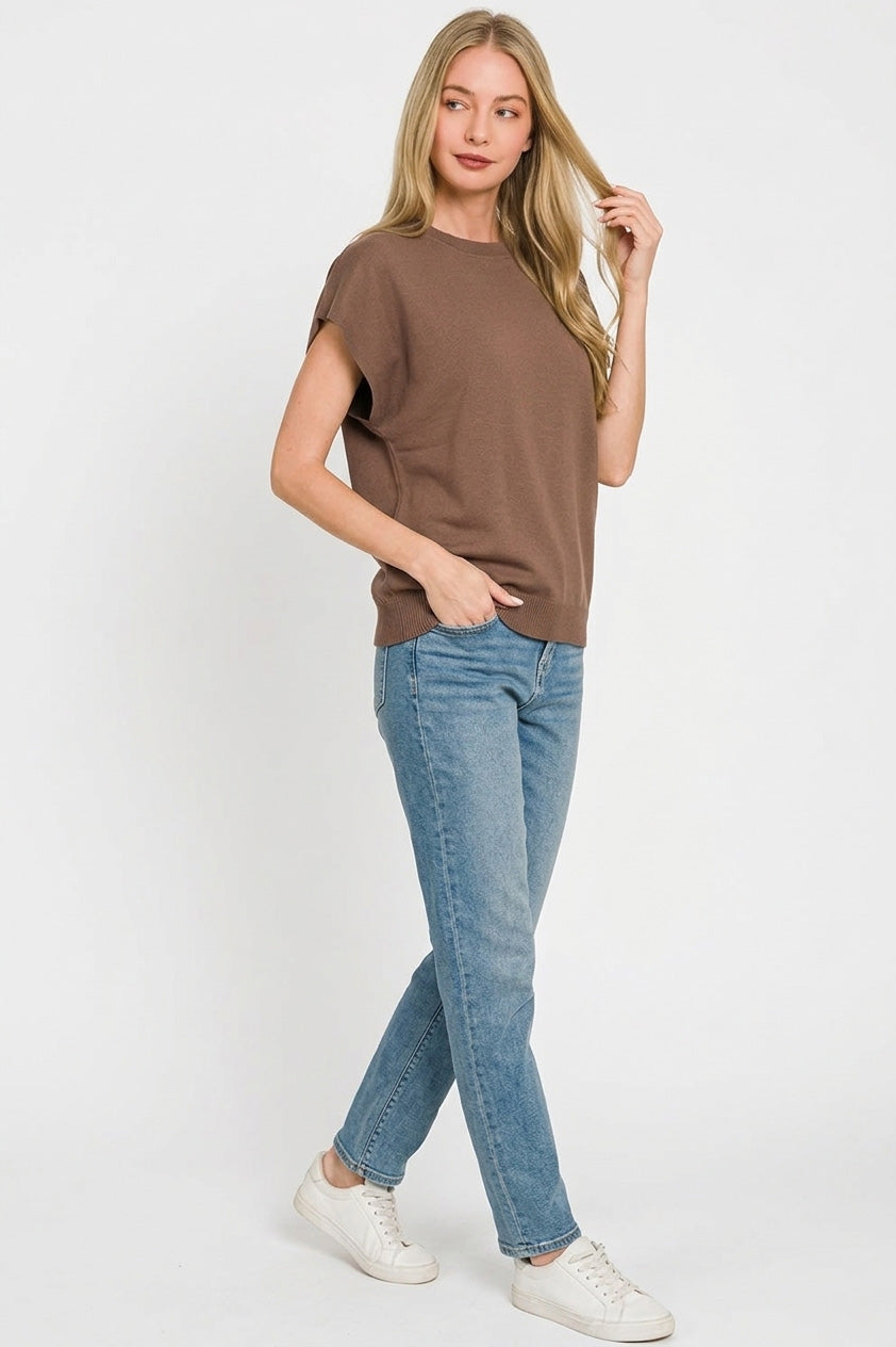 Brown sleeveless crew neck ribbed knit top with ribbed neckline, relaxed fit