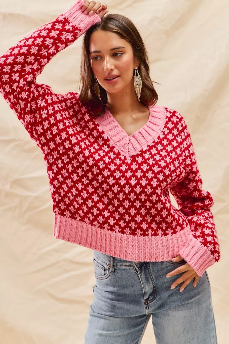Color Block Textured Christmas Sweater V-Neck