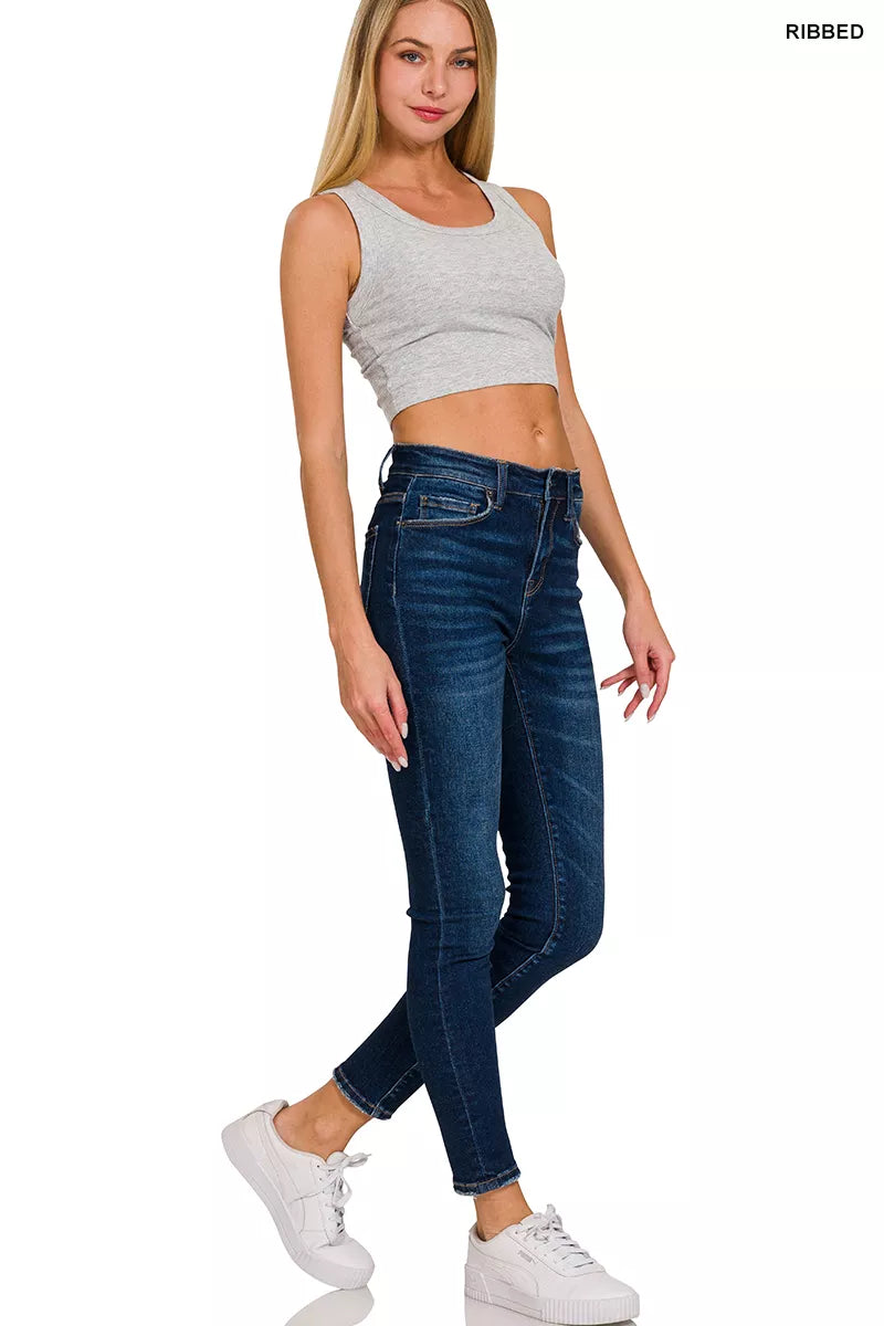 Grey ribbed scoop-neck cropped tank, sleeveless cropped hem