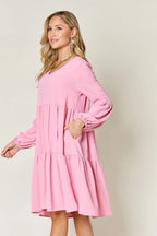 V-Neck Balloon Sleeve Tiered Dress – Flowy, Chic & With Pockets