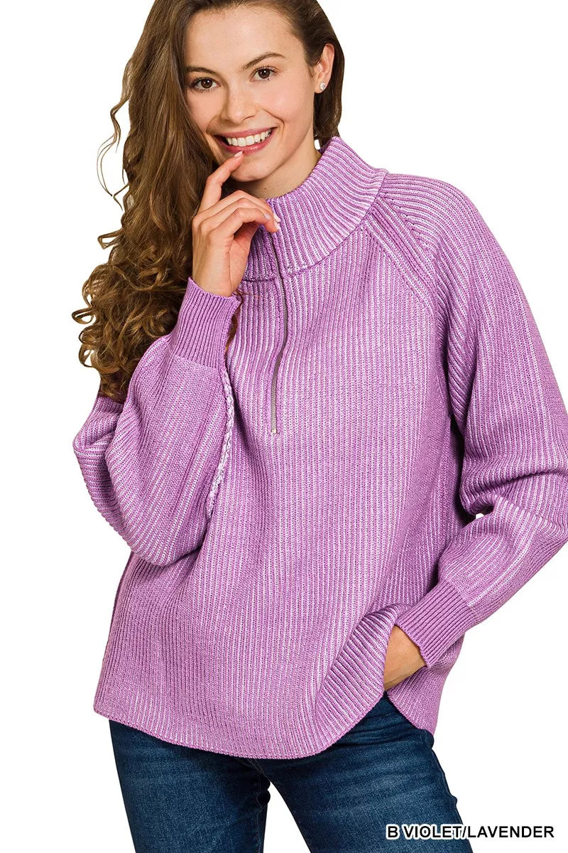 Zenana Ribbed Two Tone Half Zip Sweater – Chic Contrast Knit Style