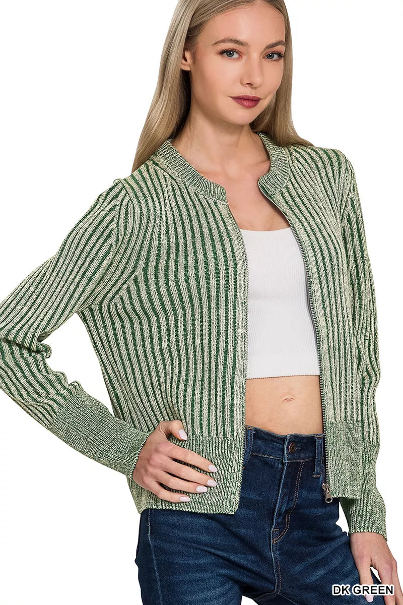 Zenana Ribbed Two-Tone Zip-Up Sweater Cardigan – Chic Layering Piece