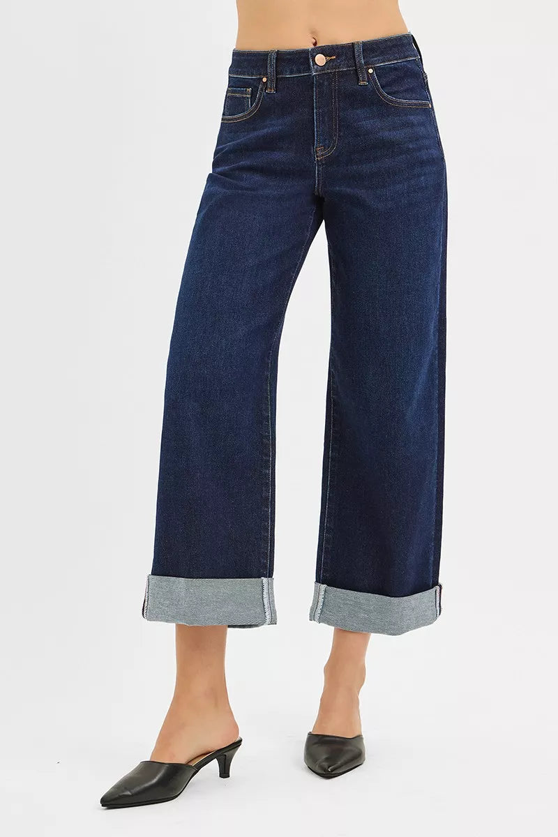 Risen Mid Rise Stretch Ankle Jeans with Wide Roll Cuffs