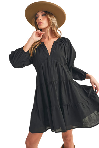 Aemi + Co Notched Balloon Sleeve Tiered Mini Dress