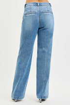 Women's medium-wash straight jeans, back view, two back patch pockets