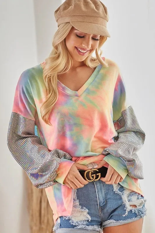 V-Neck Tie-Dye French Terry Top with Shimmer – Trendy & Cozy
