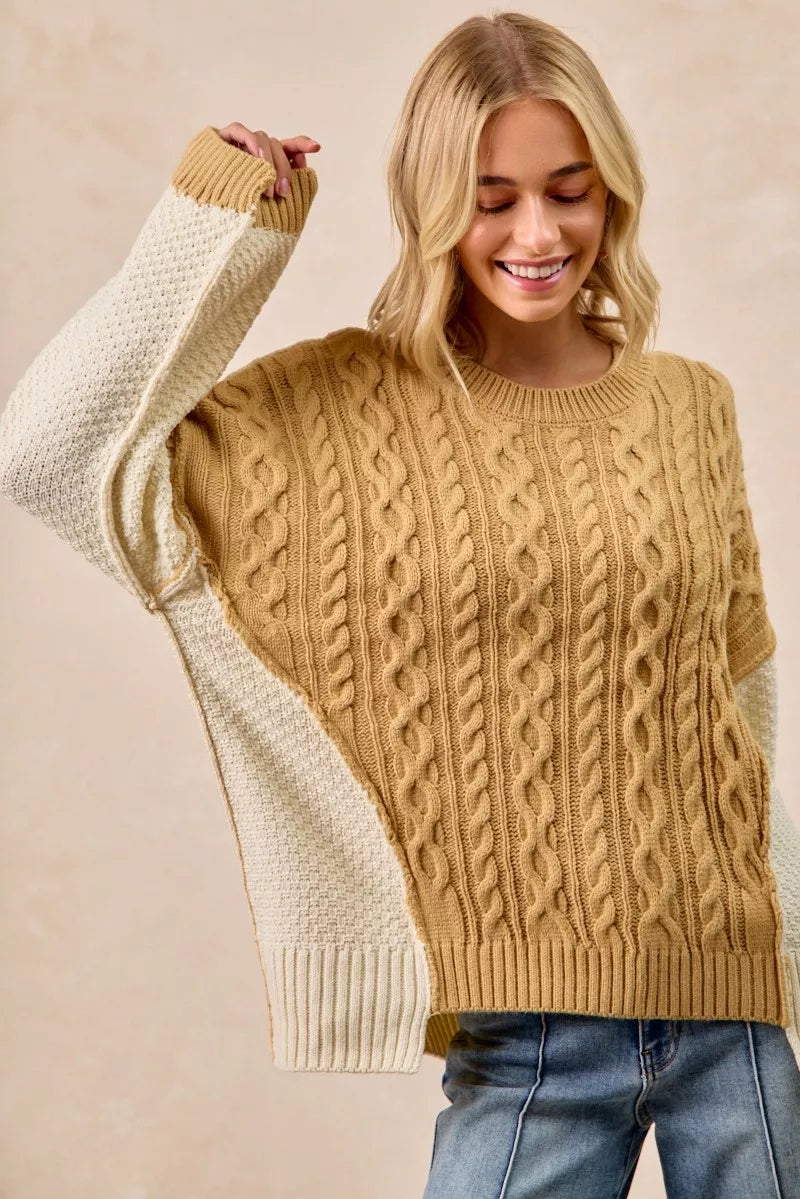 BiBi Cable Knit Hacci Combo Sweater – Stylish Texture with Uneven Hem