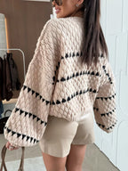 Chunky Knit Striped Sweater with Balloon Sleeves – Cozy Chic Style