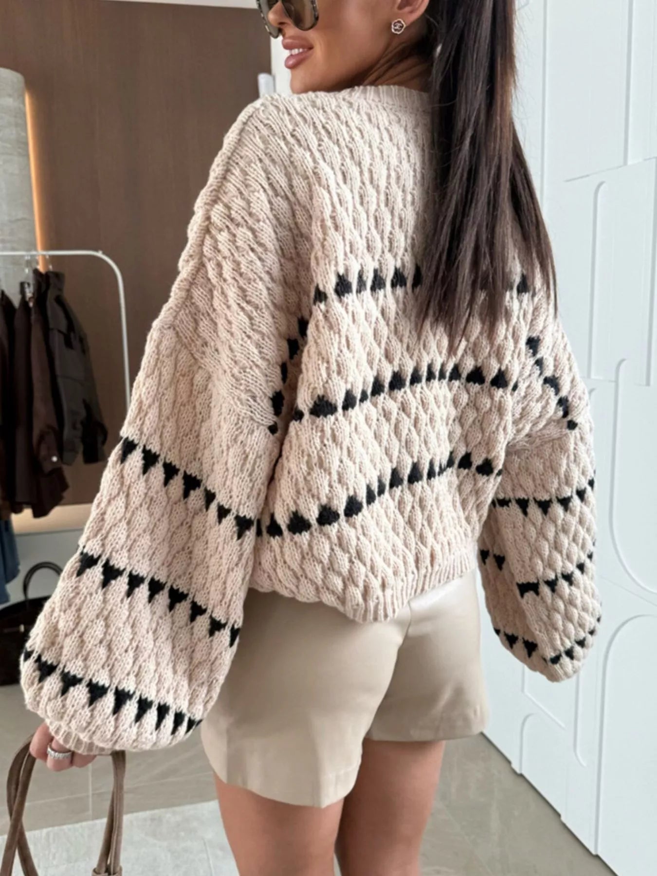 Chunky Knit Striped Sweater with Balloon Sleeves – Cozy Chic Style