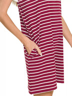 Striped t-shirt dress hem with contrast trim and side pocket, cabernet and white stripes