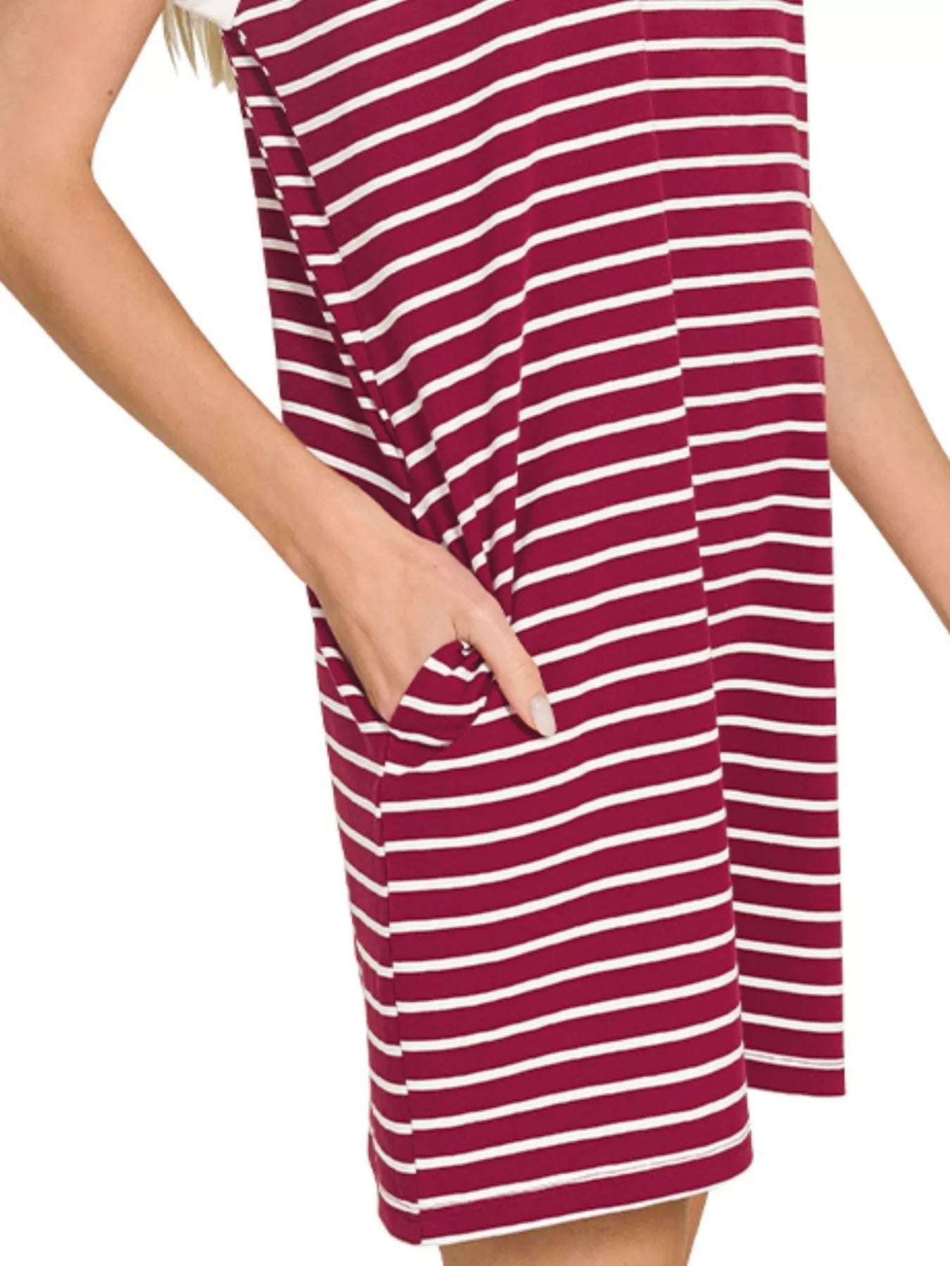 Striped t-shirt dress hem with contrast trim and side pocket, cabernet and white stripes