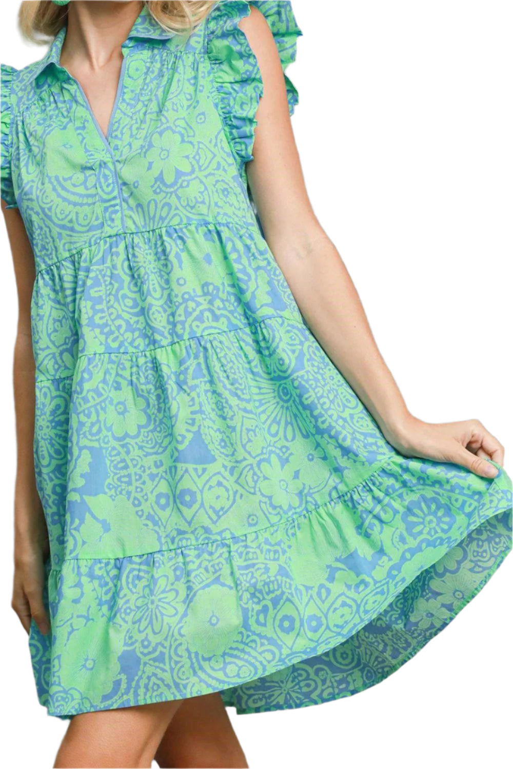 Umgee Printed Ruffle Cap Sleeve Babydoll Dress