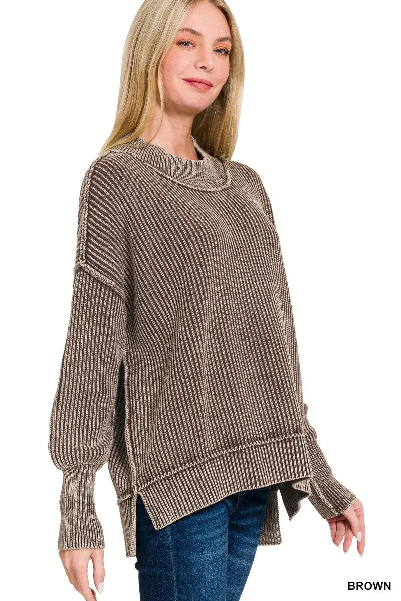 Washed Side Slit Oversized Sweater – Vintage Casual Knit Top