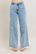 Plus size high-waist wide-leg jeans, light wash denim, wide flared leg