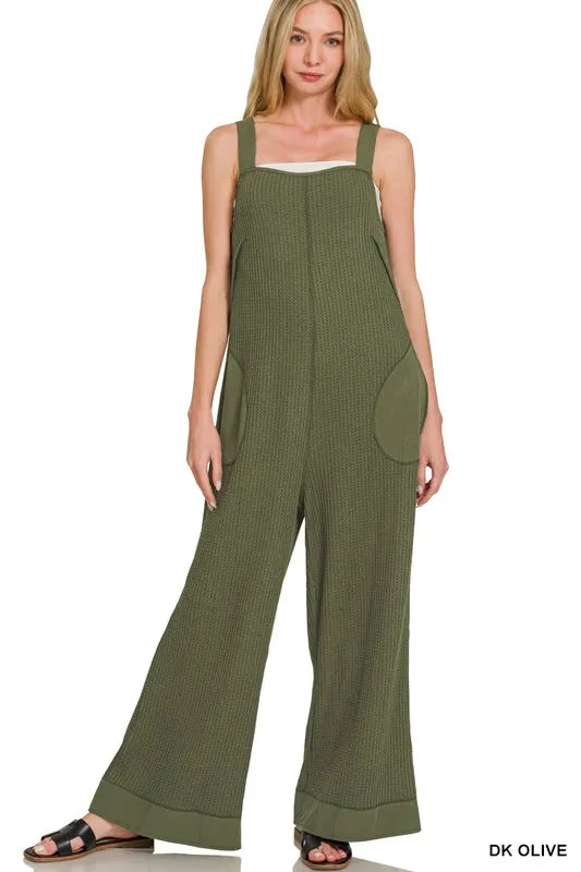 Waffle Knit Wide Leg Overalls – Adjustable Straps & Relaxed Fit